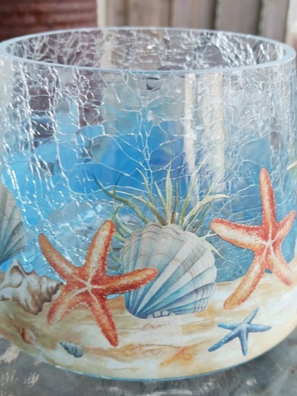 Yankee Candle Crackle Glass Coastal Jar Shade Topper Seashells Starfish NEW